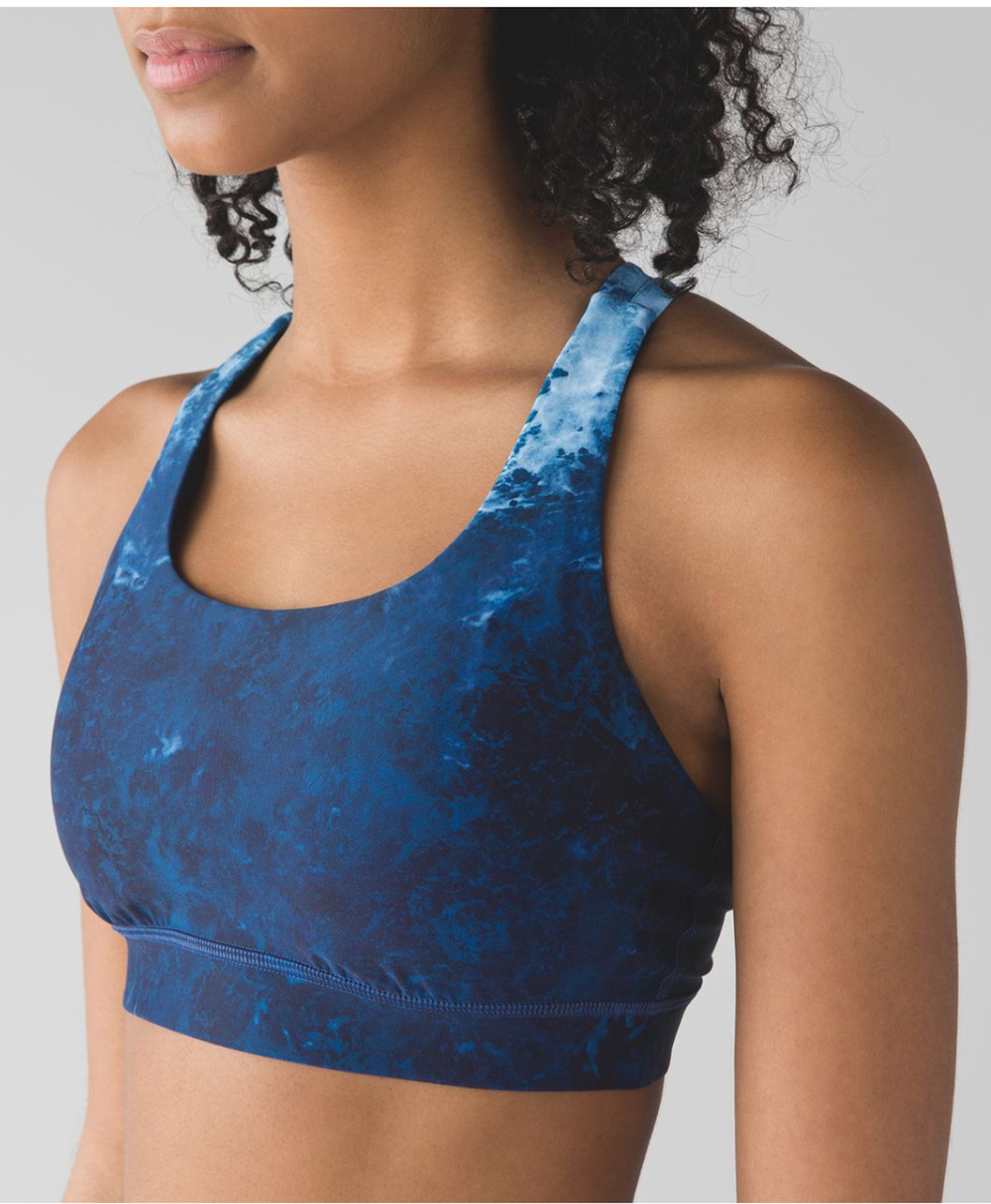 Lululemon Energy Bra H2O Deep Sea Hero Blue Stretch Logo UPF 50+ Strappy Back